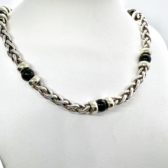 David Yurman 14k Yellow Gold & Sterling Silver Black Onyx Wheat Chain Necklace - Picture 2 of 12